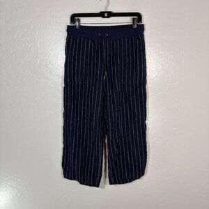 Athleta Pants Womens 6 Blue Linen Wide Leg Striped Crop Pull On Casual Summer